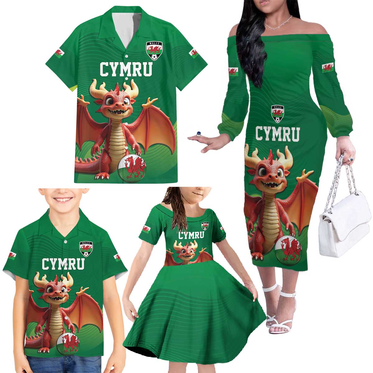 Custom Wales Football Go Champions Family Matching Off The Shoulder Long Sleeve Dress and Hawaiian Shirt Cymru am byth Green Style