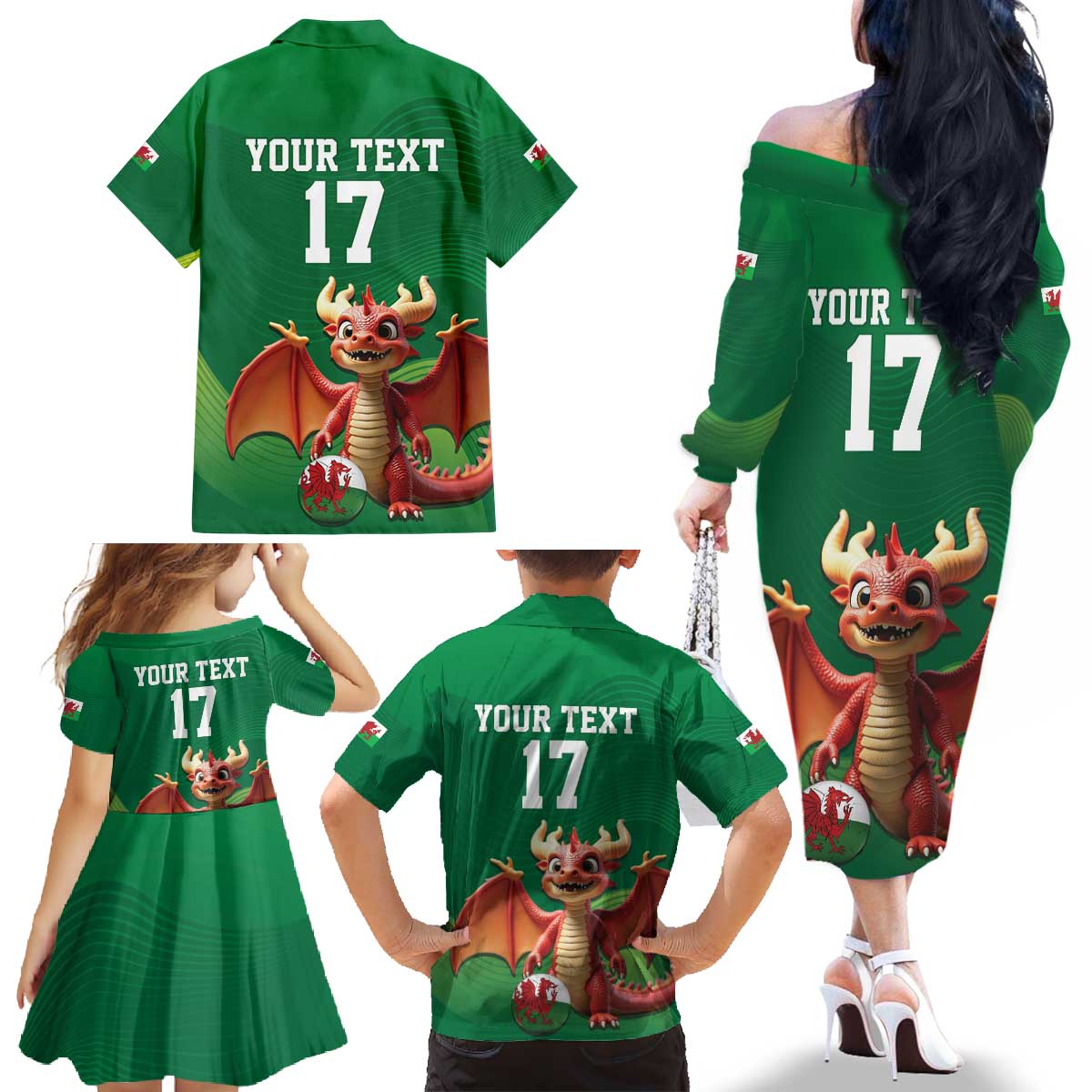Custom Wales Football Go Champions Family Matching Off The Shoulder Long Sleeve Dress and Hawaiian Shirt Cymru am byth Green Style