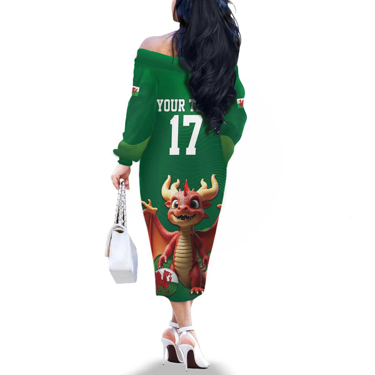 Custom Wales Football Go Champions Family Matching Off The Shoulder Long Sleeve Dress and Hawaiian Shirt Cymru am byth Green Style
