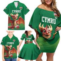 Custom Wales Football Go Champions Family Matching Off Shoulder Short Dress and Hawaiian Shirt Cymru am byth Green Style