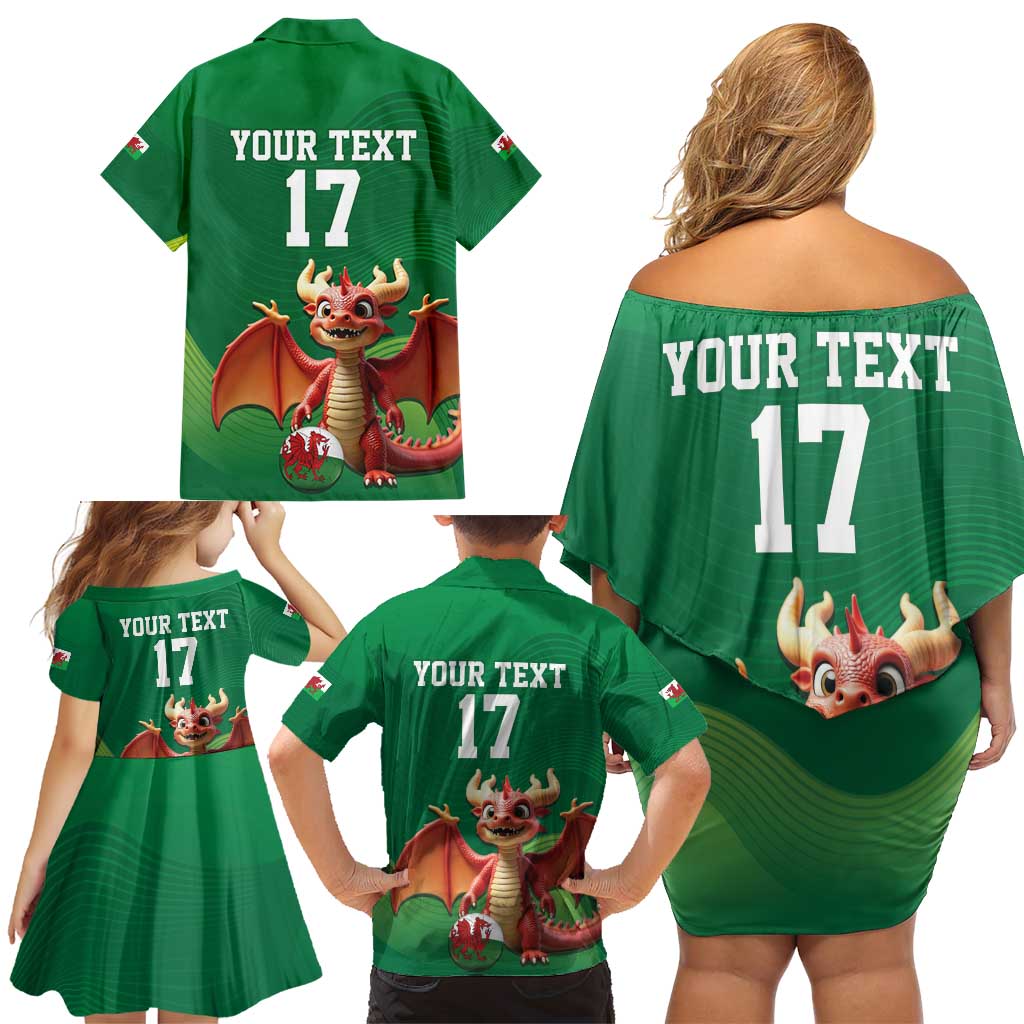 Custom Wales Football Go Champions Family Matching Off Shoulder Short Dress and Hawaiian Shirt Cymru am byth Green Style