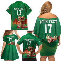 Custom Wales Football Go Champions Family Matching Off Shoulder Short Dress and Hawaiian Shirt Cymru am byth Green Style