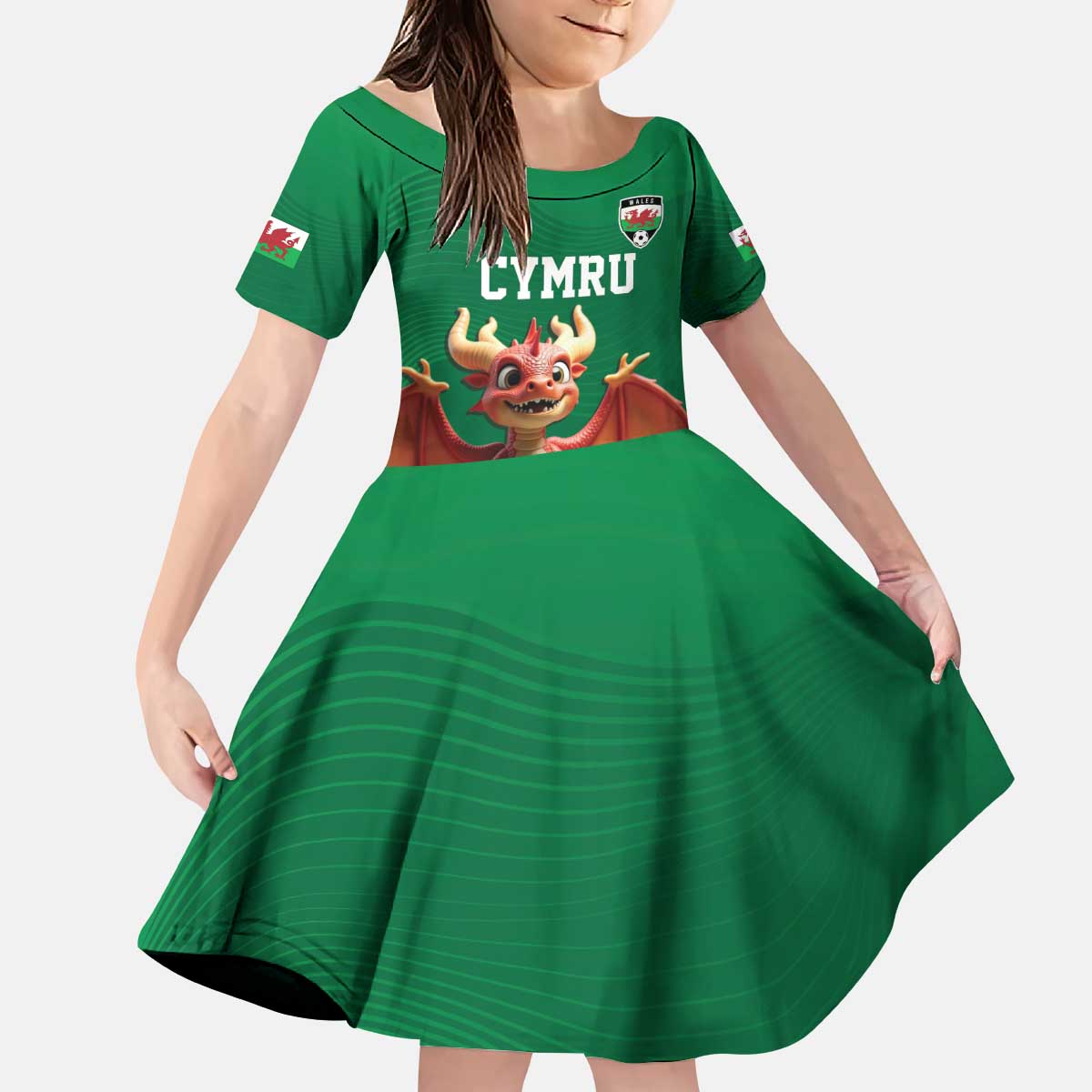 Custom Wales Football Go Champions Kid Short Sleeve Dress Cymru am byth Green Style