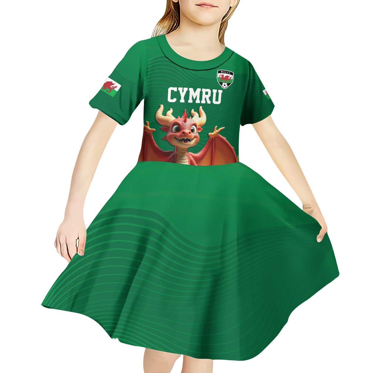 Custom Wales Football Go Champions Kid Short Sleeve Dress Cymru am byth Green Style