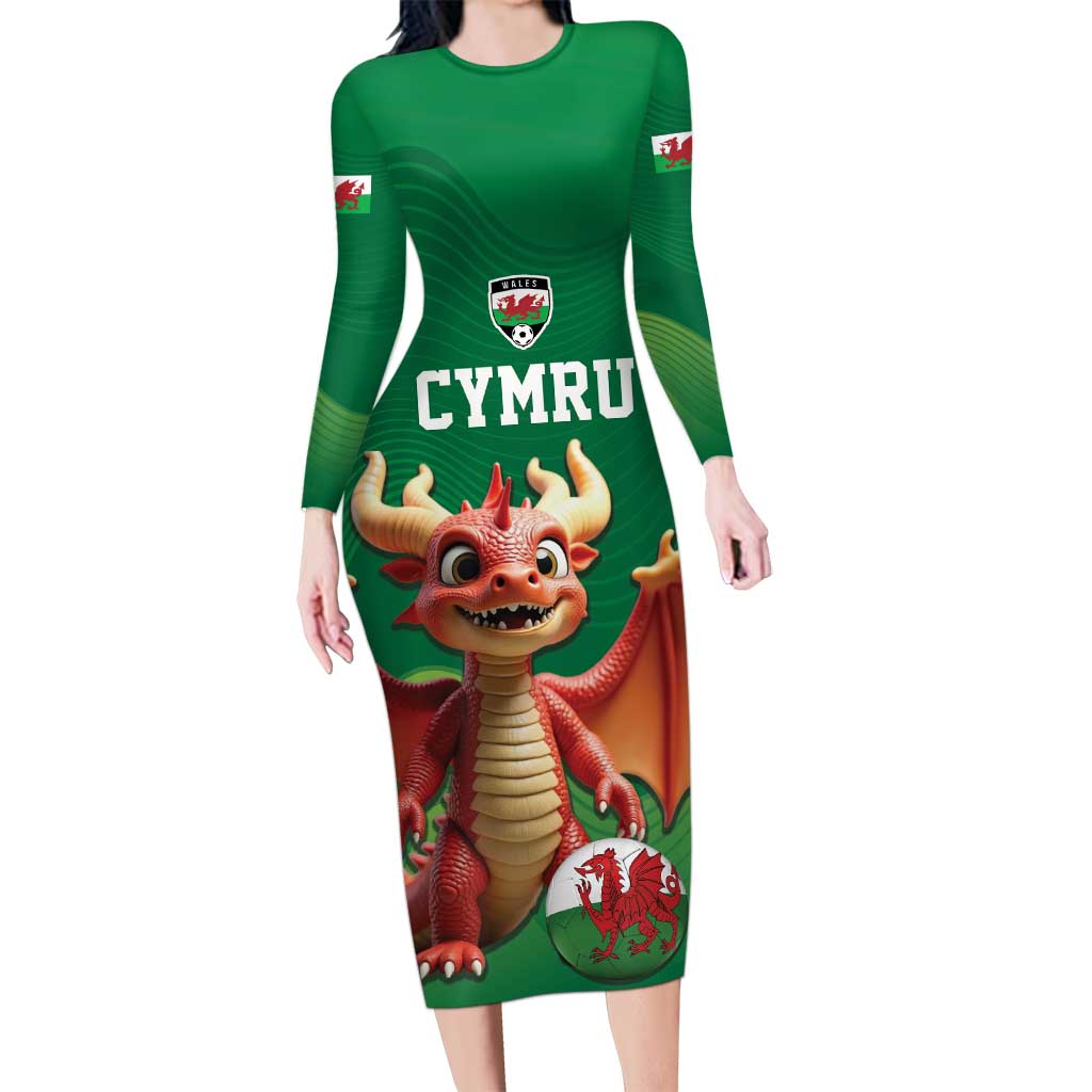 Custom Wales Football Go Champions Long Sleeve Bodycon Dress Cymru am byth Green Style