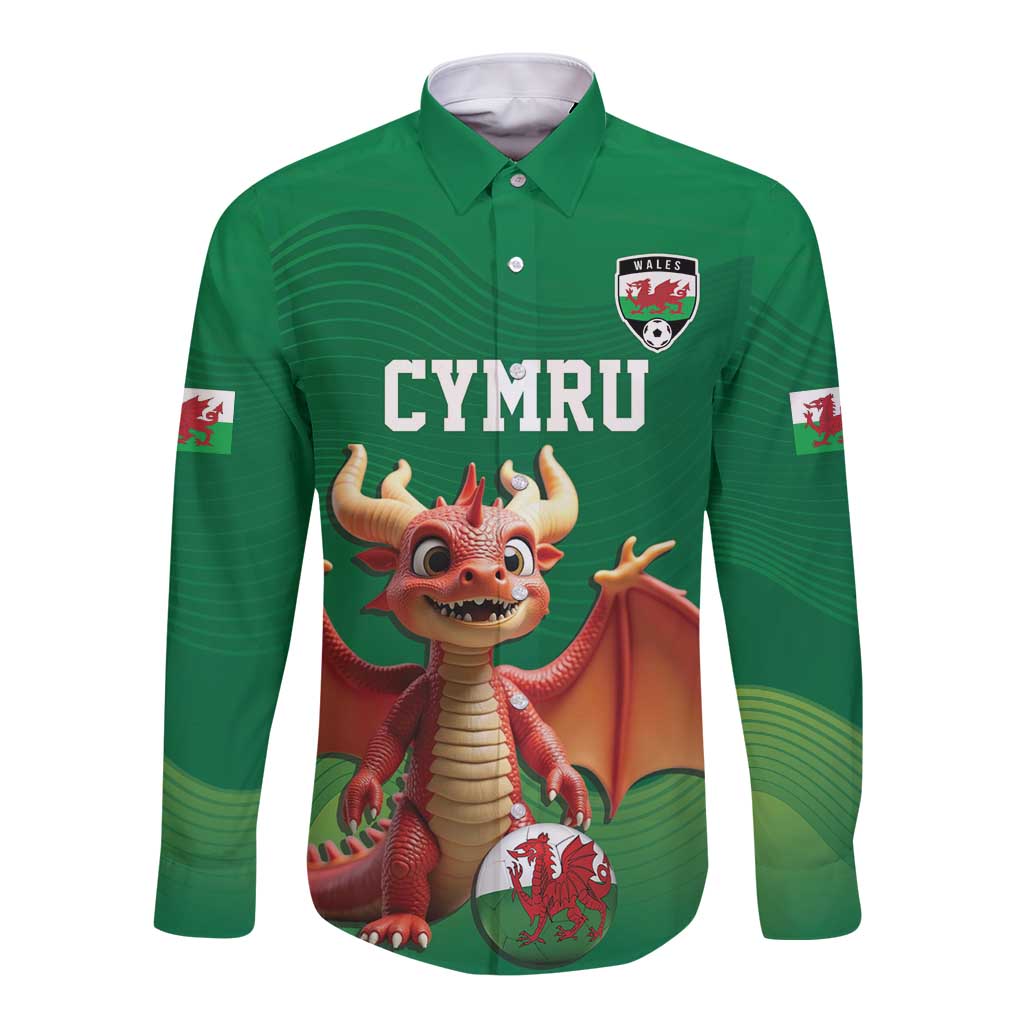 Custom Wales Football Go Champions Long Sleeve Button Shirt Cymru am byth Green Style