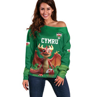 Custom Wales Football Go Champions Off Shoulder Sweater Cymru am byth Green Style