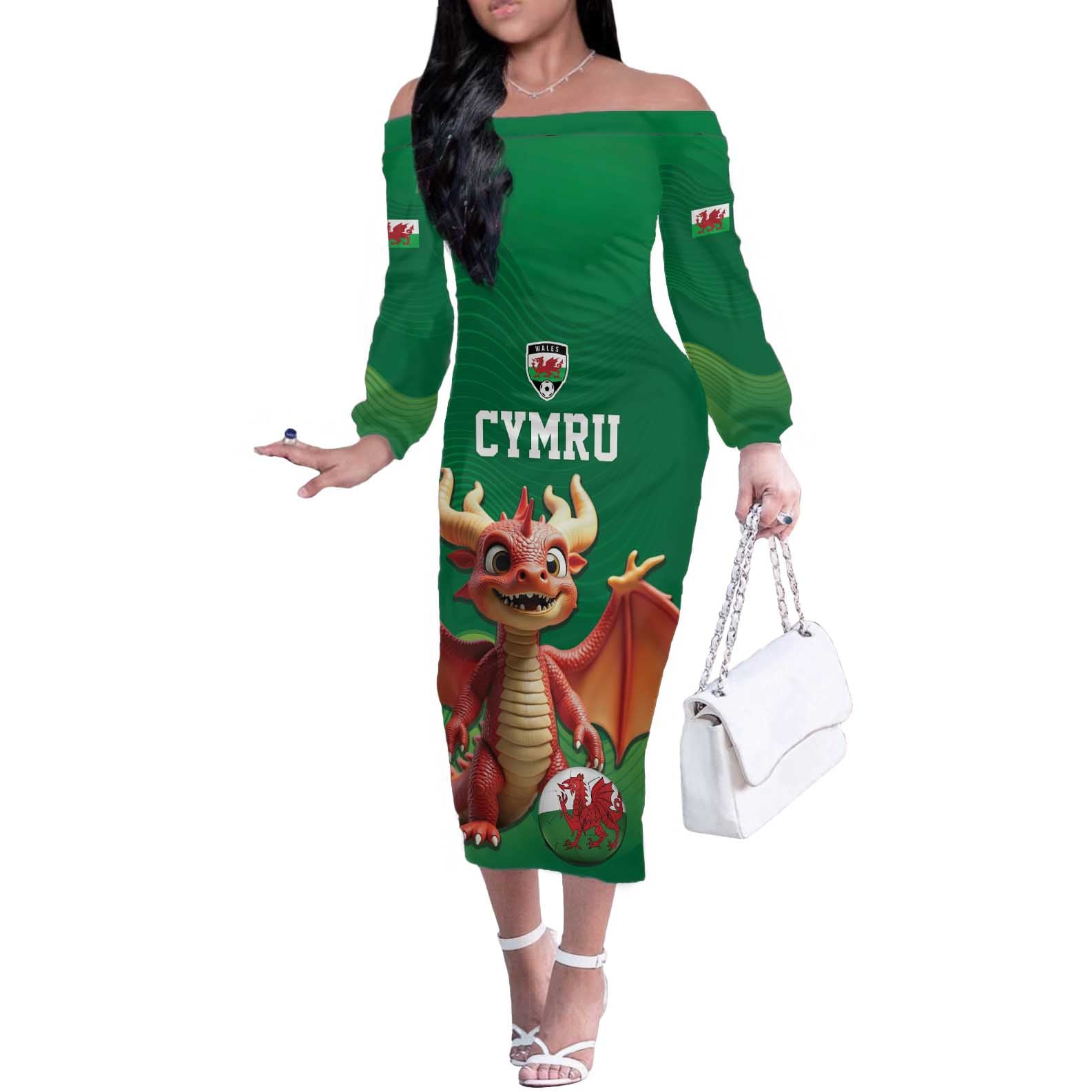 Custom Wales Football Go Champions Off The Shoulder Long Sleeve Dress Cymru am byth Green Style