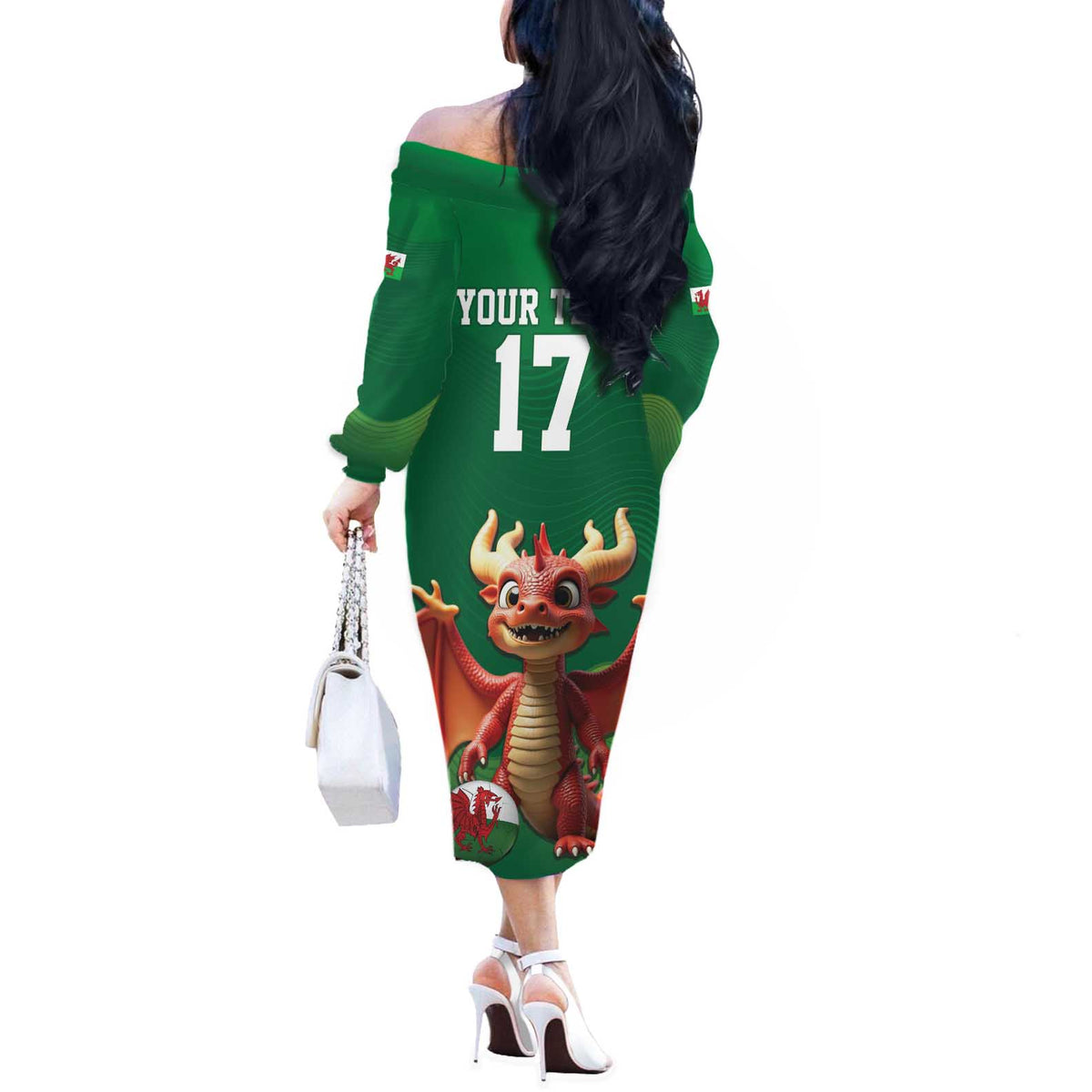 Custom Wales Football Go Champions Off The Shoulder Long Sleeve Dress Cymru am byth Green Style