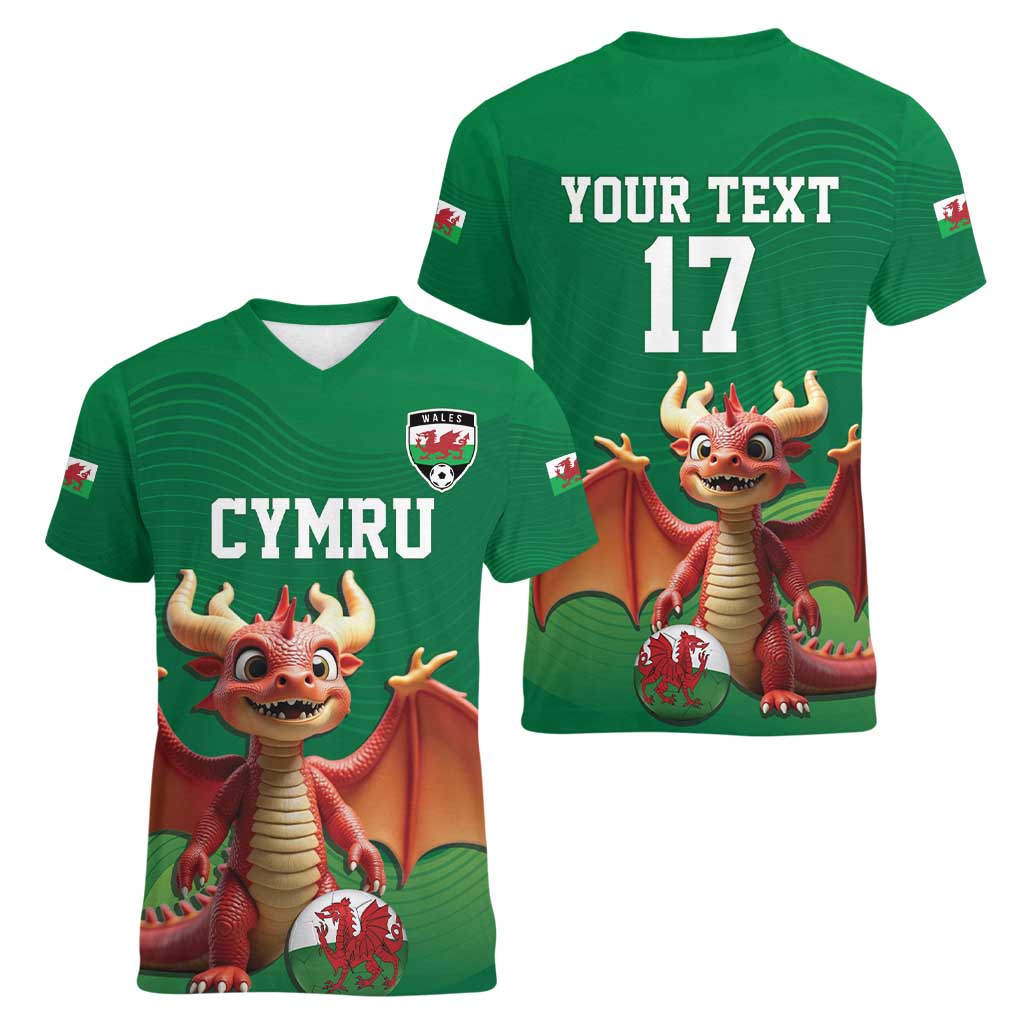 Custom Wales Football Go Champions Women V-Neck T-Shirt Cymru am byth Green Style