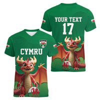 Custom Wales Football Go Champions Women V-Neck T-Shirt Cymru am byth Green Style