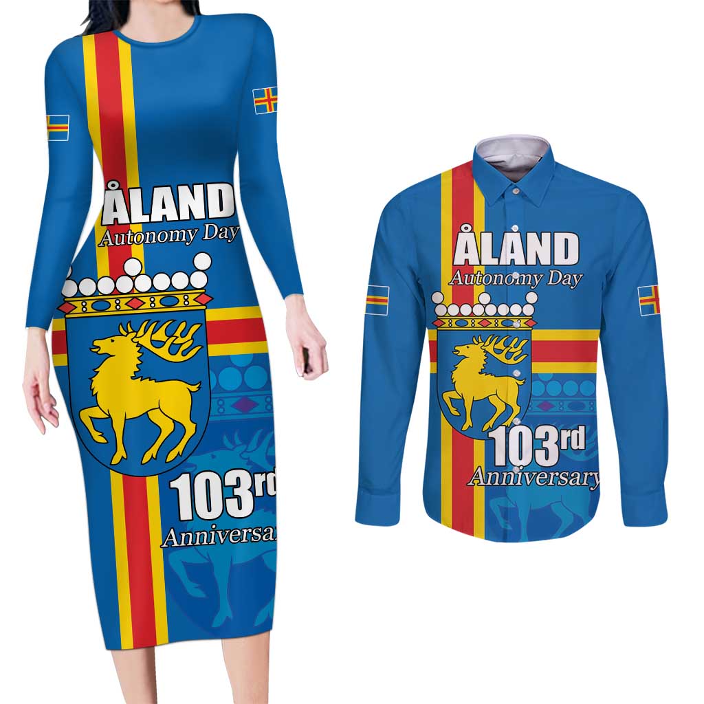 Aland's Autonomy Day Couples Matching Long Sleeve Bodycon Dress and Long Sleeve Button Shirt 103rd Anniversary