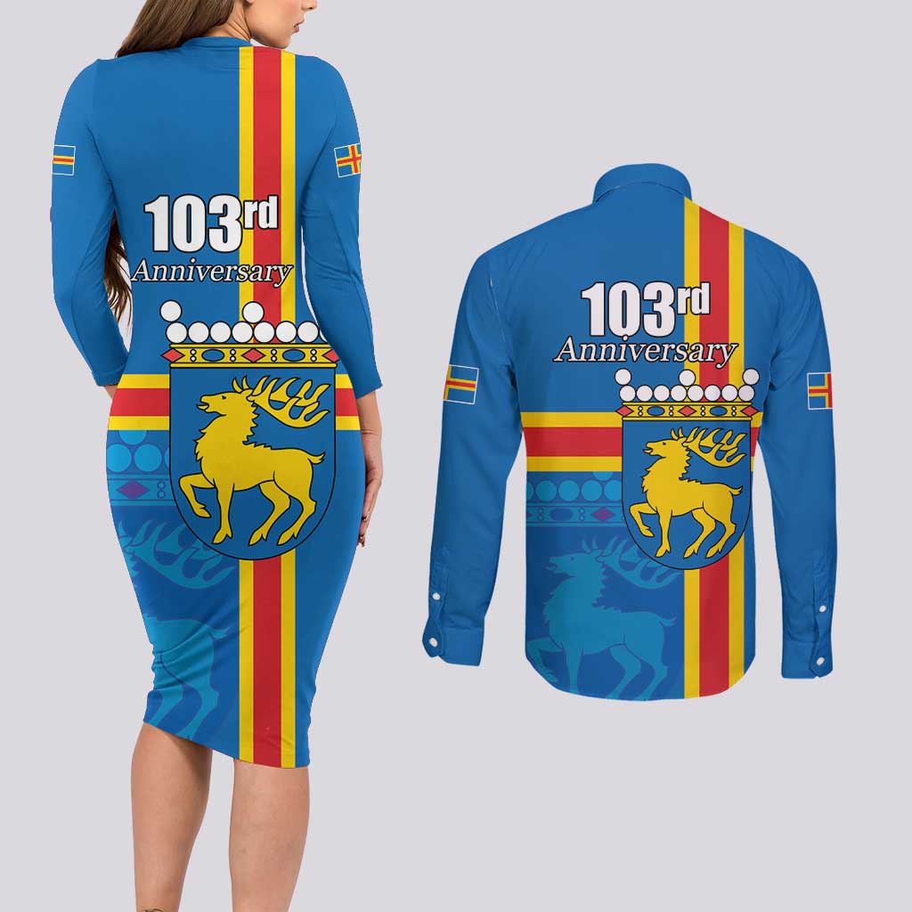 Aland's Autonomy Day Couples Matching Long Sleeve Bodycon Dress and Long Sleeve Button Shirt 103rd Anniversary