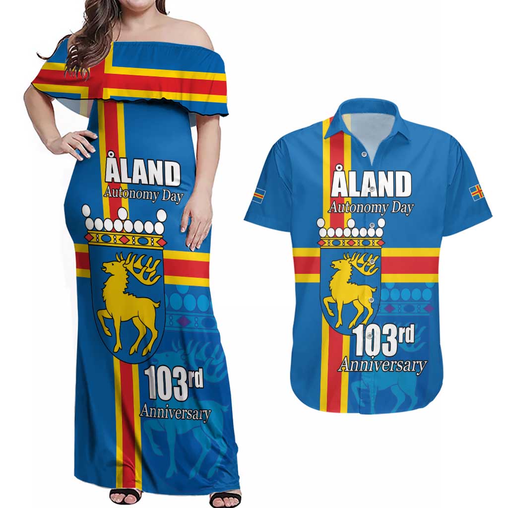 Aland's Autonomy Day Couples Matching Off Shoulder Maxi Dress and Hawaiian Shirt 103rd Anniversary