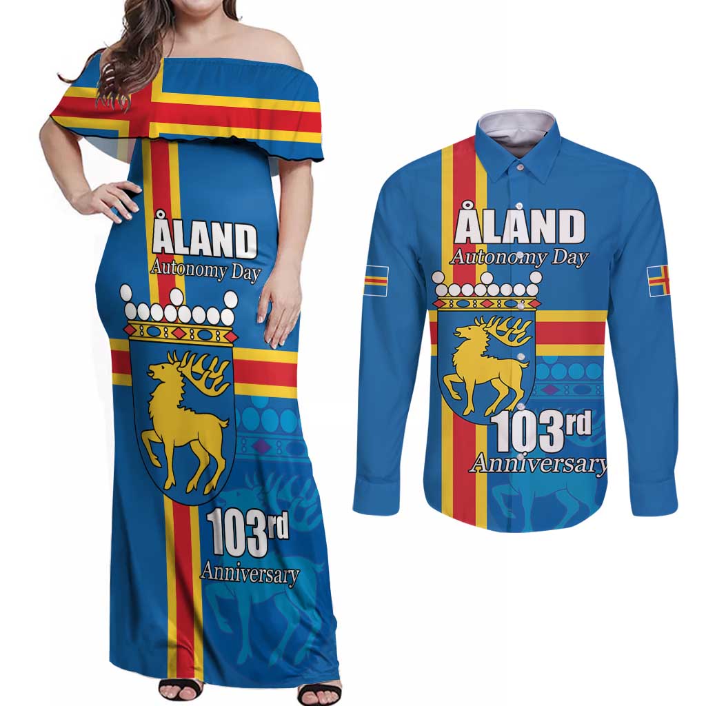 Aland's Autonomy Day Couples Matching Off Shoulder Maxi Dress and Long Sleeve Button Shirt 103rd Anniversary