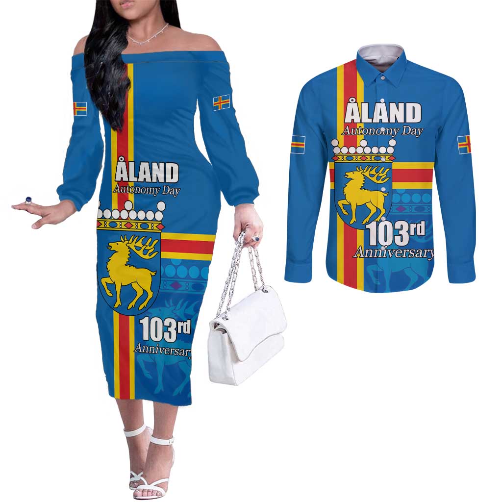 Aland's Autonomy Day Couples Matching Off The Shoulder Long Sleeve Dress and Long Sleeve Button Shirt 103rd Anniversary
