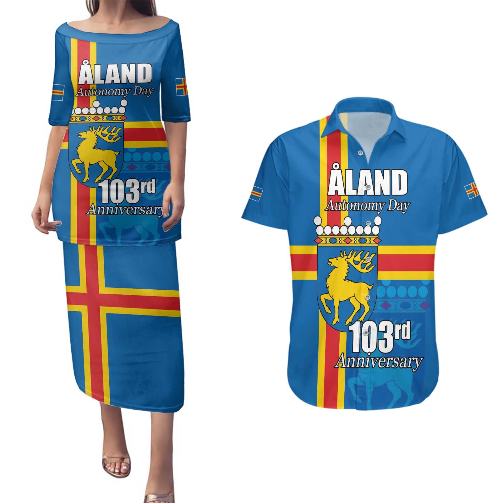 Aland's Autonomy Day Couples Matching Puletasi and Hawaiian Shirt 103rd Anniversary