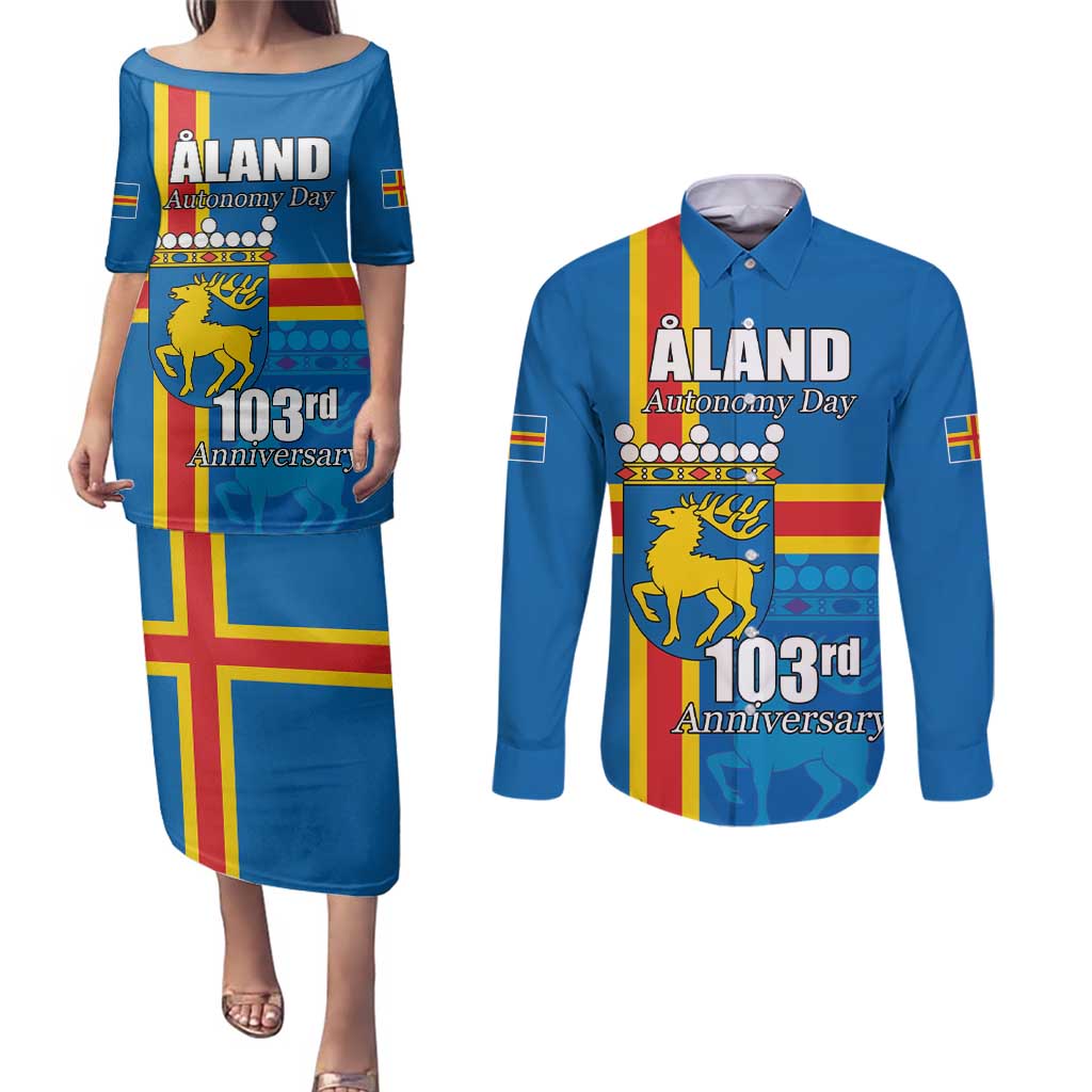 Aland's Autonomy Day Couples Matching Puletasi and Long Sleeve Button Shirt 103rd Anniversary