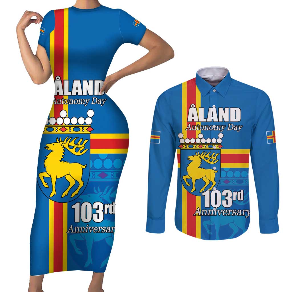 Aland's Autonomy Day Couples Matching Short Sleeve Bodycon Dress and Long Sleeve Button Shirt 103rd Anniversary