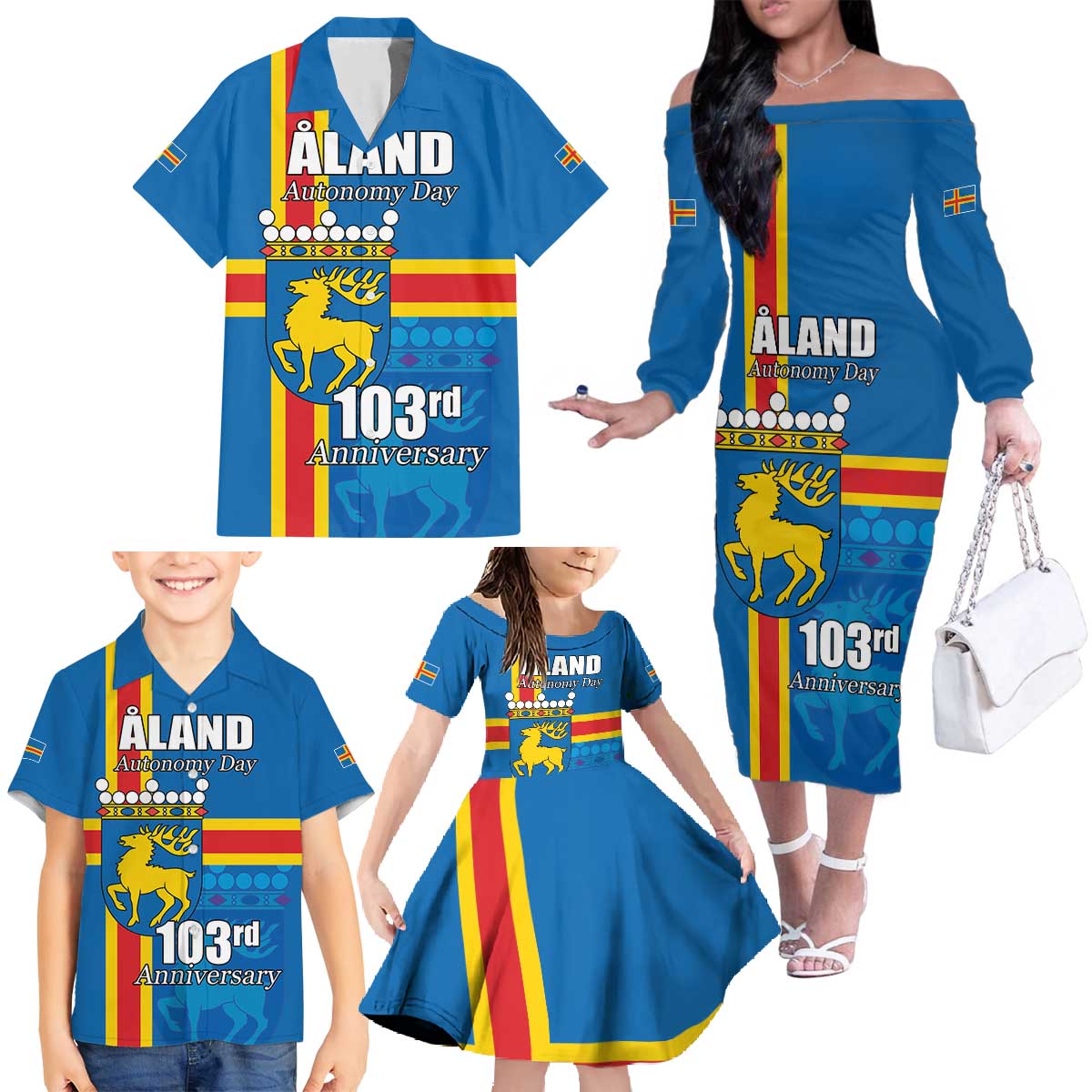 Aland's Autonomy Day Family Matching Off The Shoulder Long Sleeve Dress and Hawaiian Shirt 103rd Anniversary
