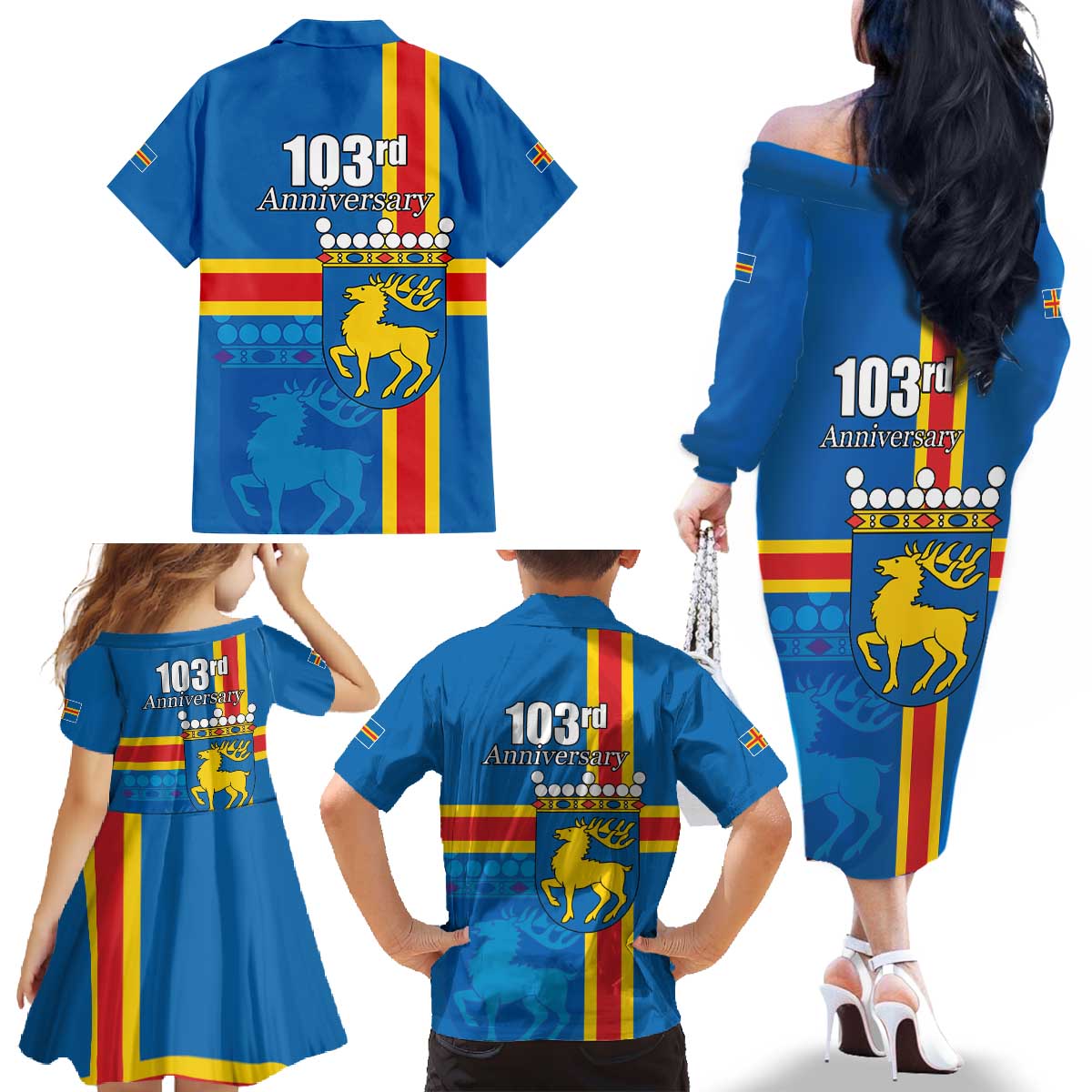 Aland's Autonomy Day Family Matching Off The Shoulder Long Sleeve Dress and Hawaiian Shirt 103rd Anniversary
