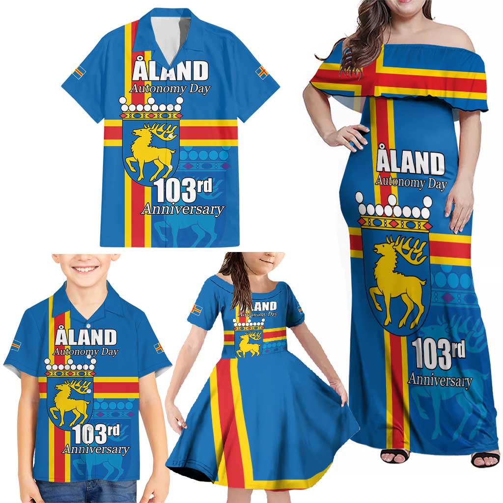Aland's Autonomy Day Family Matching Off Shoulder Maxi Dress and Hawaiian Shirt 103rd Anniversary