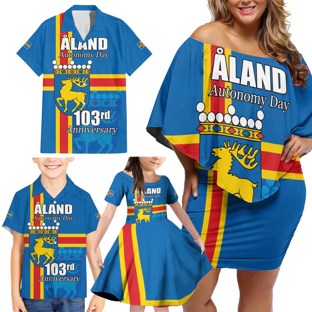 Aland's Autonomy Day Family Matching Off Shoulder Short Dress and Hawaiian Shirt 103rd Anniversary