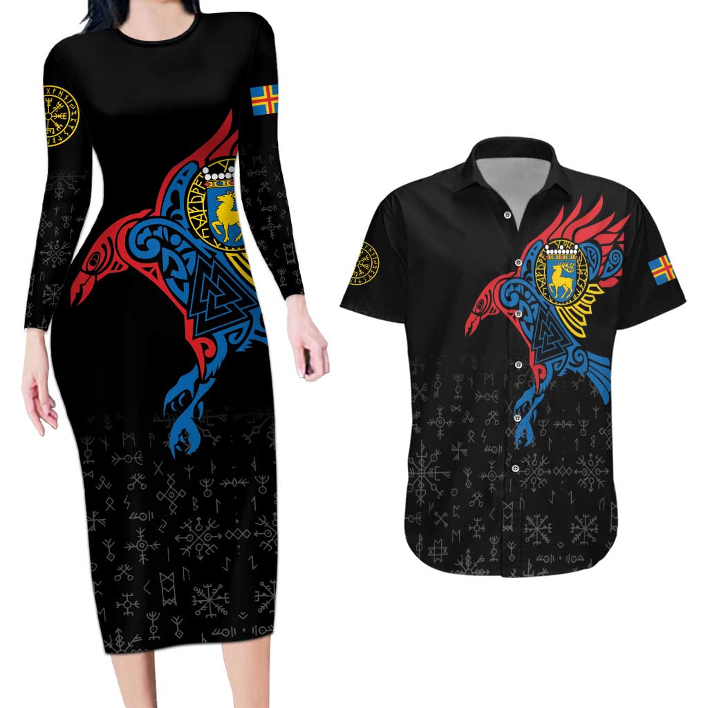 Aland Vikings Culture Couples Matching Long Sleeve Bodycon Dress and Hawaiian Shirt Norse Mythology Raven Tattoo