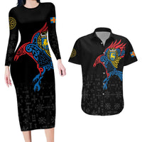 Aland Vikings Culture Couples Matching Long Sleeve Bodycon Dress and Hawaiian Shirt Norse Mythology Raven Tattoo
