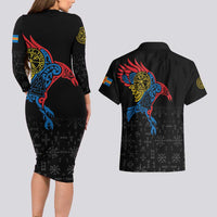 Aland Vikings Culture Couples Matching Long Sleeve Bodycon Dress and Hawaiian Shirt Norse Mythology Raven Tattoo