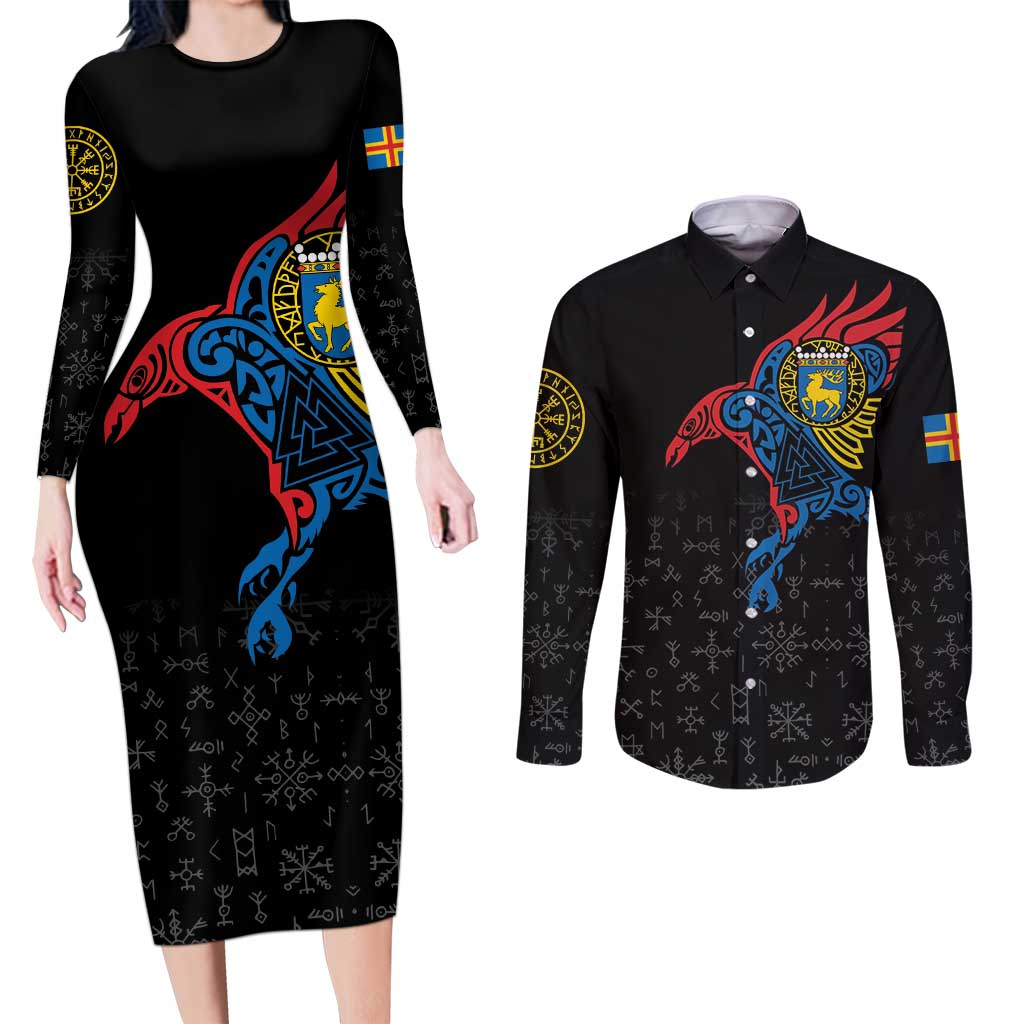 Aland Vikings Culture Couples Matching Long Sleeve Bodycon Dress and Long Sleeve Button Shirt Norse Mythology Raven Tattoo