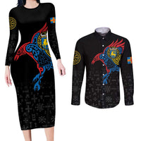 Aland Vikings Culture Couples Matching Long Sleeve Bodycon Dress and Long Sleeve Button Shirt Norse Mythology Raven Tattoo