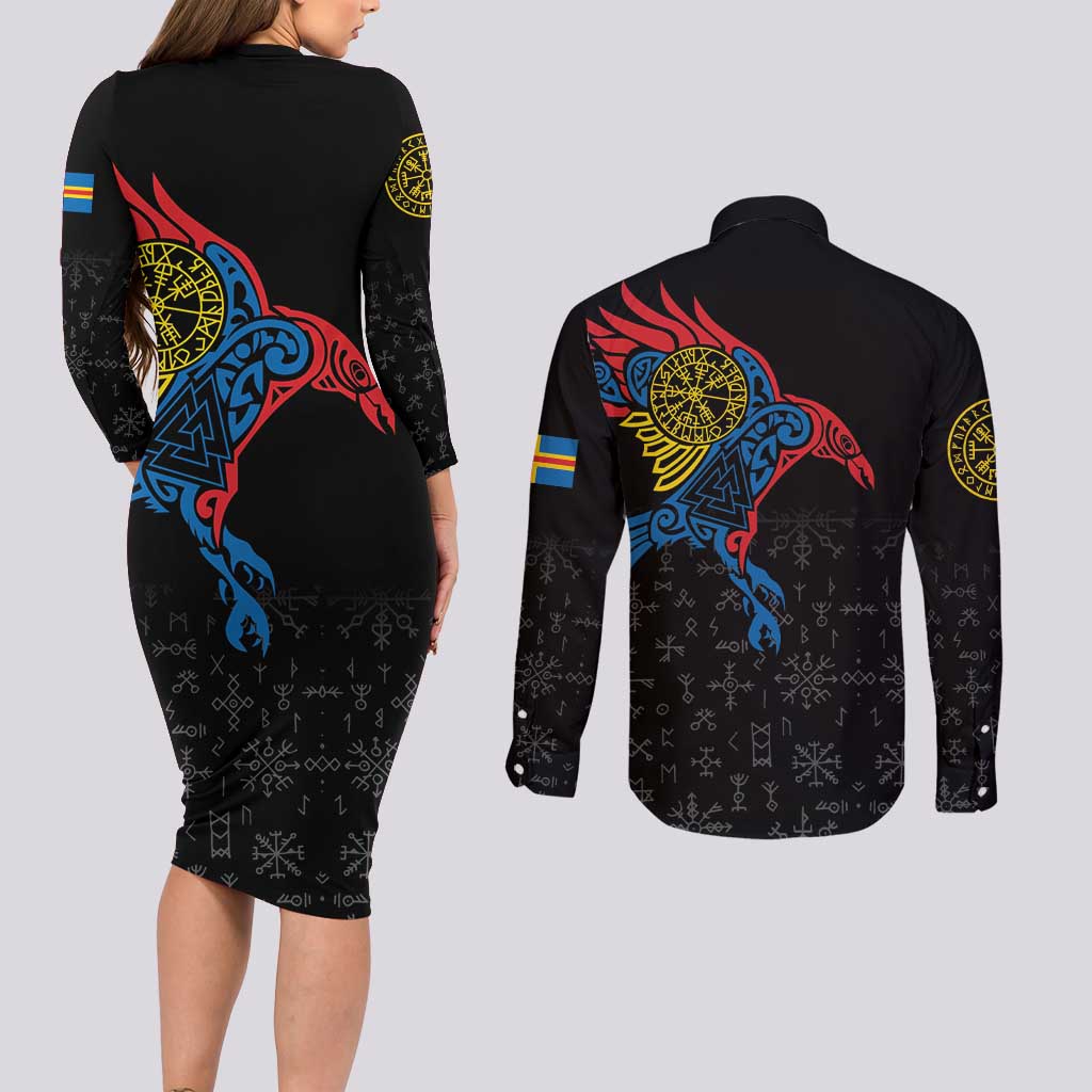 Aland Vikings Culture Couples Matching Long Sleeve Bodycon Dress and Long Sleeve Button Shirt Norse Mythology Raven Tattoo