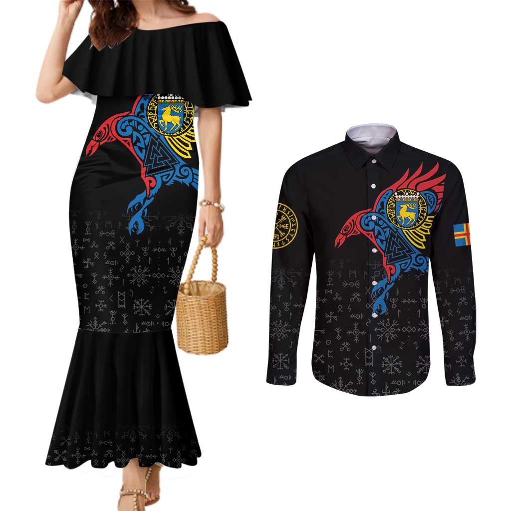 Aland Vikings Culture Couples Matching Mermaid Dress and Long Sleeve Button Shirt Norse Mythology Raven Tattoo