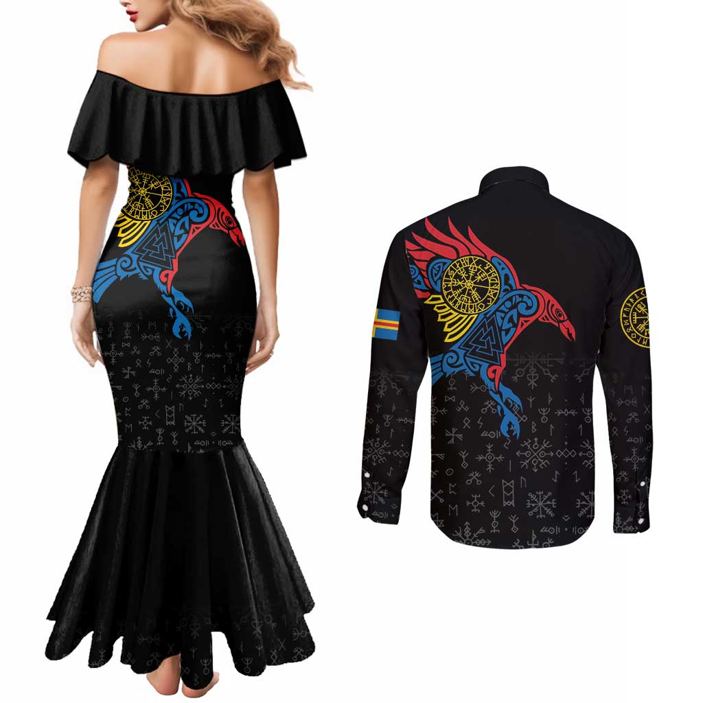 Aland Vikings Culture Couples Matching Mermaid Dress and Long Sleeve Button Shirt Norse Mythology Raven Tattoo