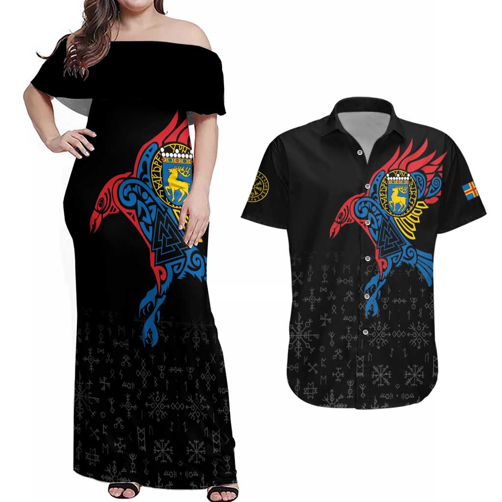 Aland Vikings Culture Couples Matching Off Shoulder Maxi Dress and Hawaiian Shirt Norse Mythology Raven Tattoo