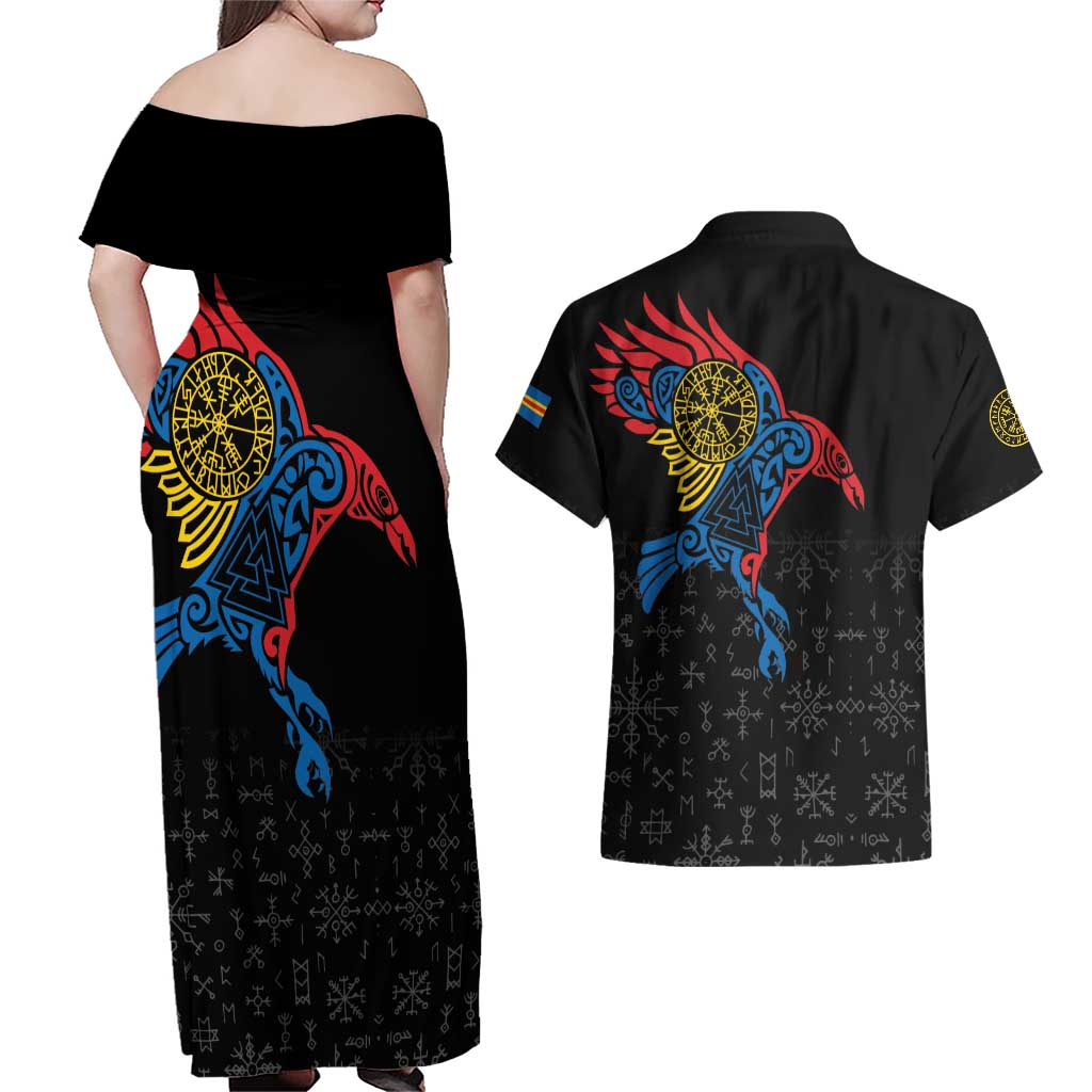 Aland Vikings Culture Couples Matching Off Shoulder Maxi Dress and Hawaiian Shirt Norse Mythology Raven Tattoo
