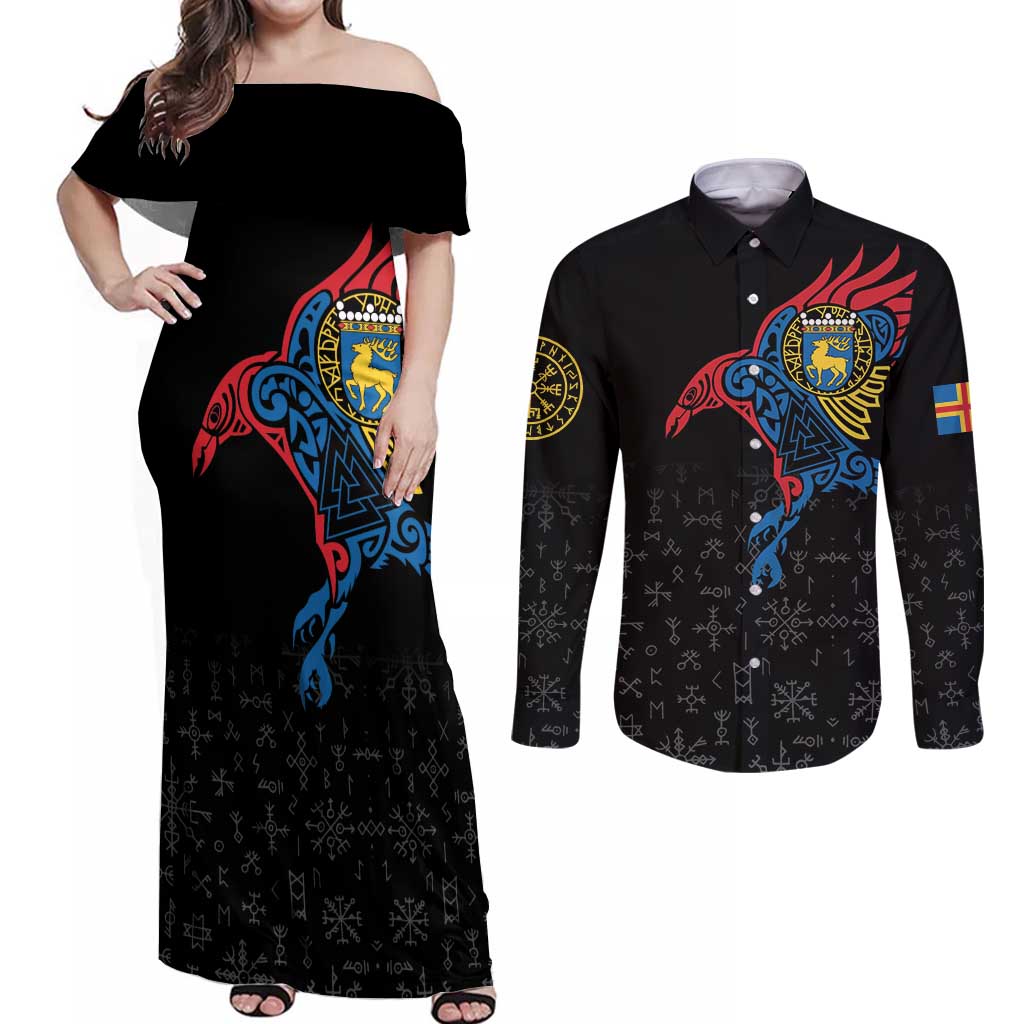 Aland Vikings Culture Couples Matching Off Shoulder Maxi Dress and Long Sleeve Button Shirt Norse Mythology Raven Tattoo