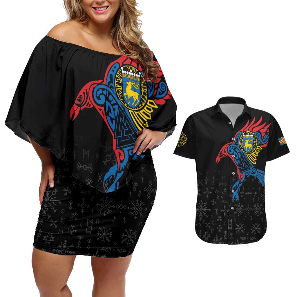 Aland Vikings Culture Couples Matching Off Shoulder Short Dress and Hawaiian Shirt Norse Mythology Raven Tattoo