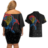 Aland Vikings Culture Couples Matching Off Shoulder Short Dress and Hawaiian Shirt Norse Mythology Raven Tattoo