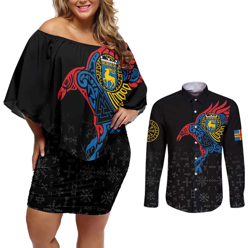 Aland Vikings Culture Couples Matching Off Shoulder Short Dress and Long Sleeve Button Shirt Norse Mythology Raven Tattoo