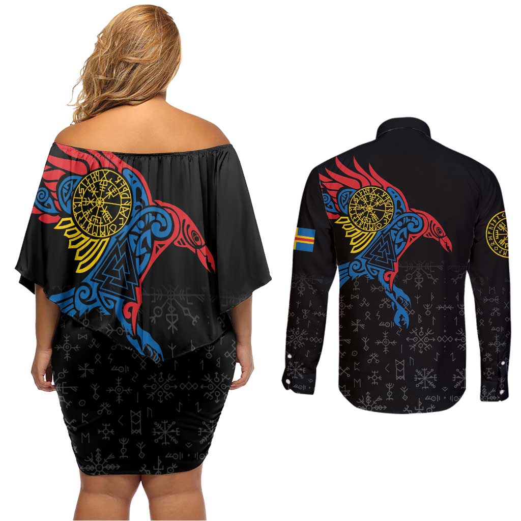Aland Vikings Culture Couples Matching Off Shoulder Short Dress and Long Sleeve Button Shirt Norse Mythology Raven Tattoo