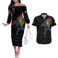 Aland Vikings Culture Couples Matching Off The Shoulder Long Sleeve Dress and Hawaiian Shirt Norse Mythology Raven Tattoo