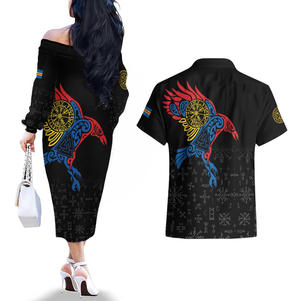 Aland Vikings Culture Couples Matching Off The Shoulder Long Sleeve Dress and Hawaiian Shirt Norse Mythology Raven Tattoo