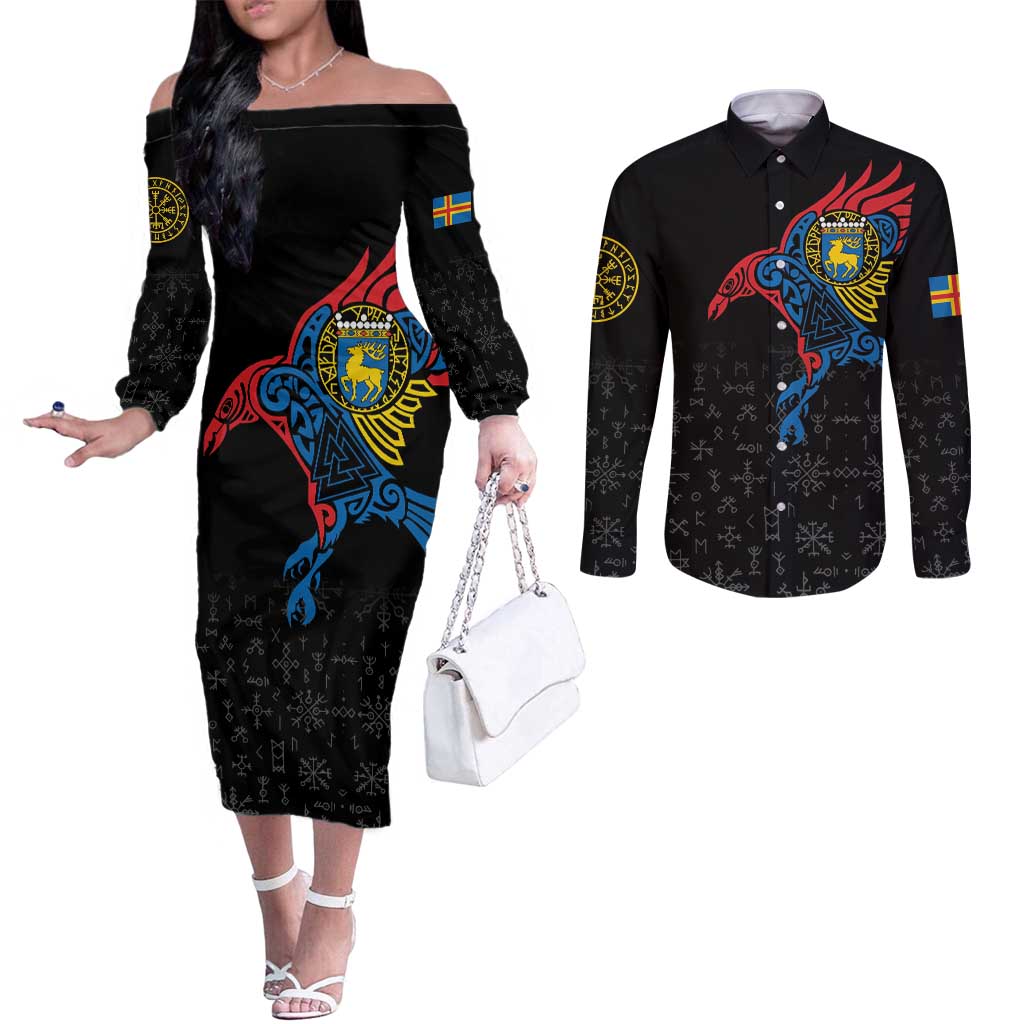 Aland Vikings Culture Couples Matching Off The Shoulder Long Sleeve Dress and Long Sleeve Button Shirt Norse Mythology Raven Tattoo