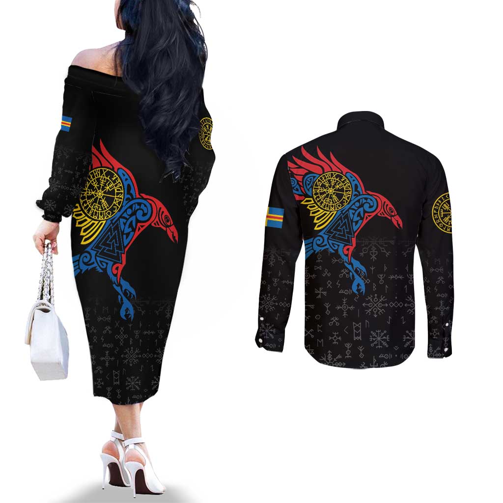 Aland Vikings Culture Couples Matching Off The Shoulder Long Sleeve Dress and Long Sleeve Button Shirt Norse Mythology Raven Tattoo