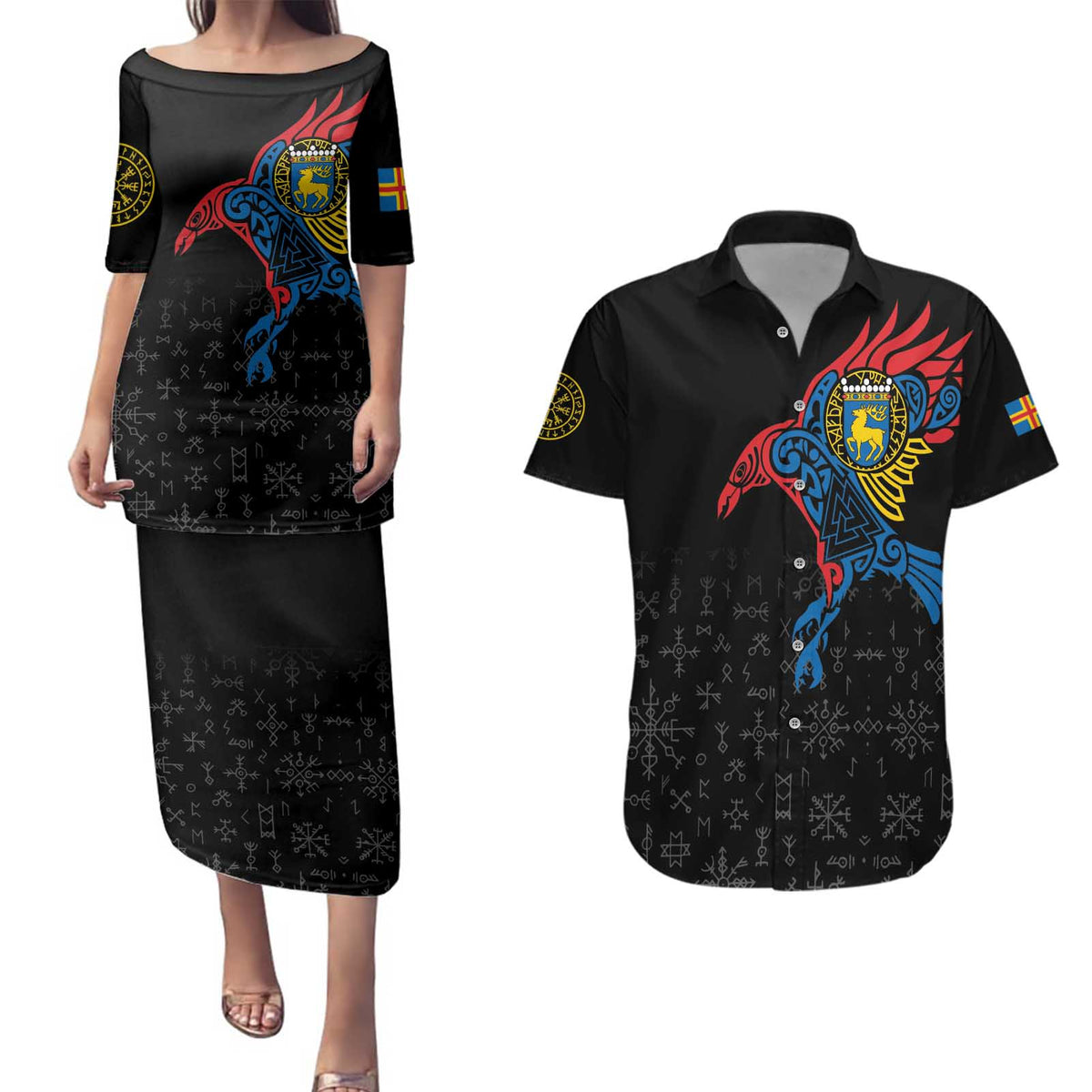 Aland Vikings Culture Couples Matching Puletasi and Hawaiian Shirt Norse Mythology Raven Tattoo