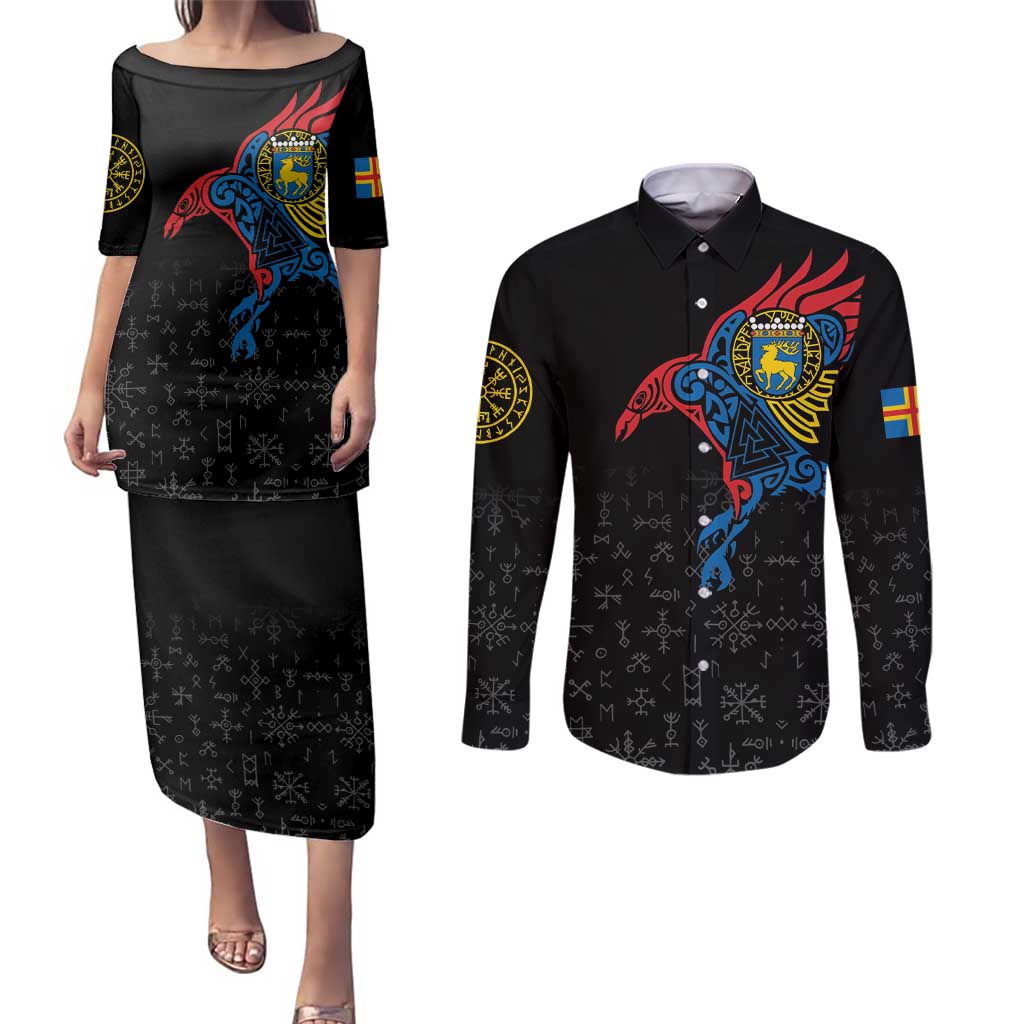 Aland Vikings Culture Couples Matching Puletasi and Long Sleeve Button Shirt Norse Mythology Raven Tattoo