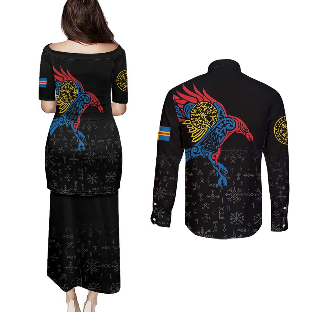Aland Vikings Culture Couples Matching Puletasi and Long Sleeve Button Shirt Norse Mythology Raven Tattoo