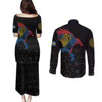 Aland Vikings Culture Couples Matching Puletasi and Long Sleeve Button Shirt Norse Mythology Raven Tattoo
